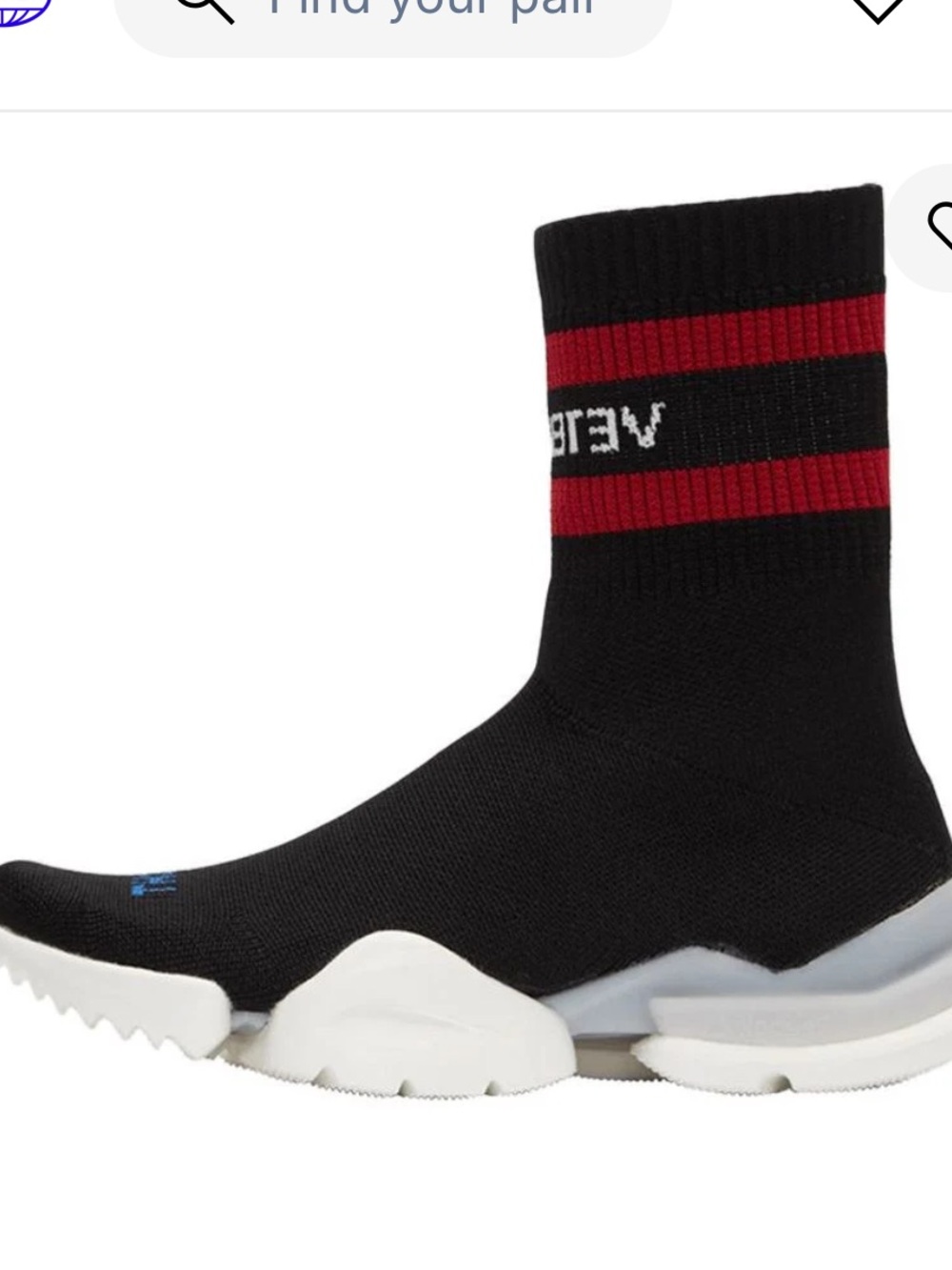 Vetements Reebok Sock-Style High Top in Black with Red Stripes 7 1/2 mens